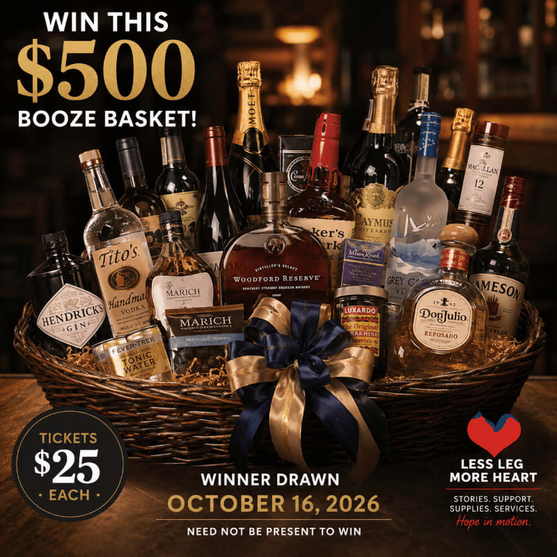 A large basket overflowing with various bottles of alcohol sits in the foreground, with a softly lit bar and shelves of more bottles visible in the background.
