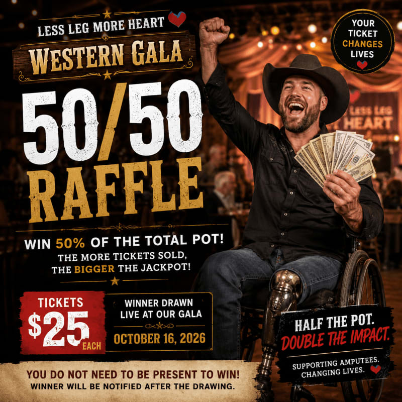A man in a wheelchair with a prosthetic leg, wearing a cowboy hat, celebrates holding a fan of money in the foreground, while a blurred background suggests a lively event with lights and people.
