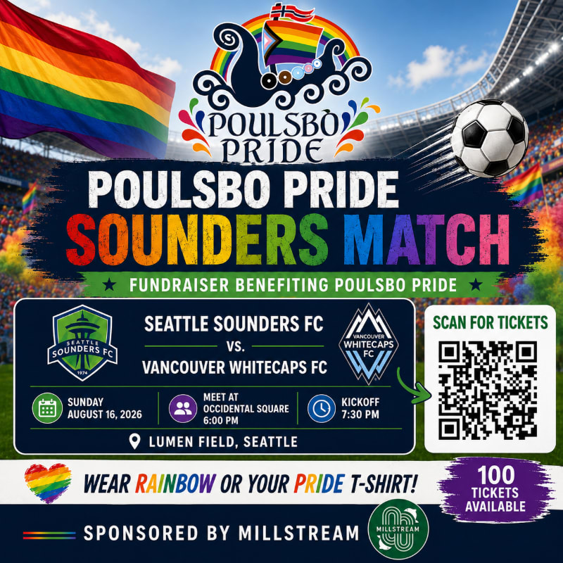 A vibrant rainbow flag waves in the foreground above a soccer match advertisement for Poulsbo Pride, with a stadium and soccer ball visible in the background.