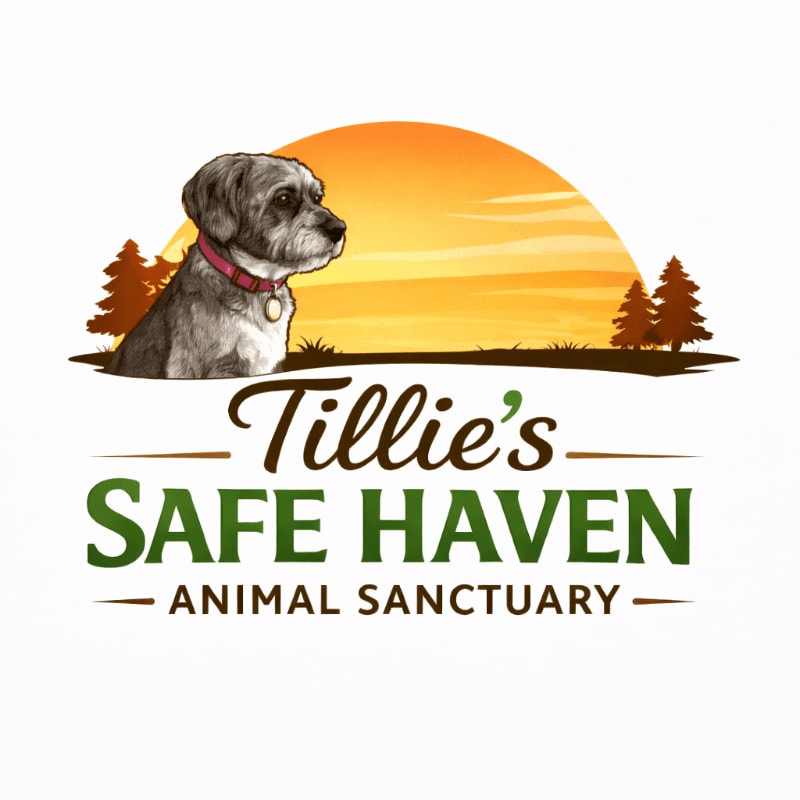 A scruffy dog sits in the foreground against a backdrop of trees and a setting sun, with the words "Tillie's Safe Haven Animal Sanctuary" below.