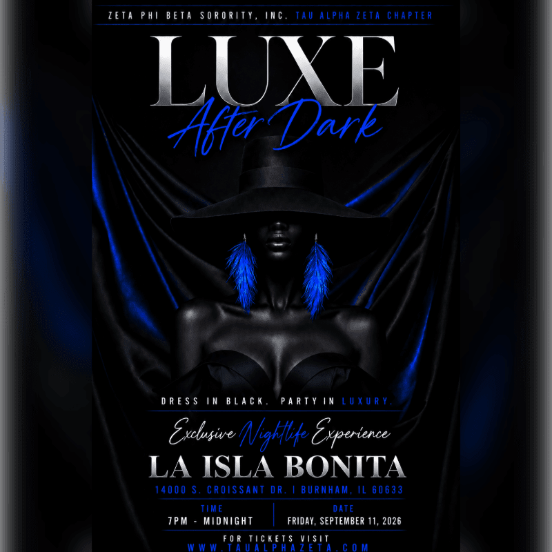 A stylized silhouette of a woman in a black hat and dress with blue feather earrings is featured against a dark, draped background, advertising a "LUXE After Dark" event.