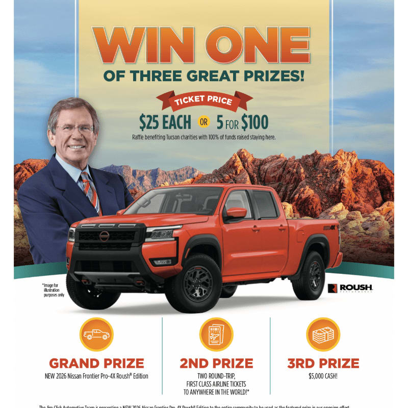 A smiling man in a suit stands next to an orange Nissan Frontier truck in the foreground, with a desert landscape and a banner announcing "WIN ONE OF THREE GREAT PRIZES!" in the background.