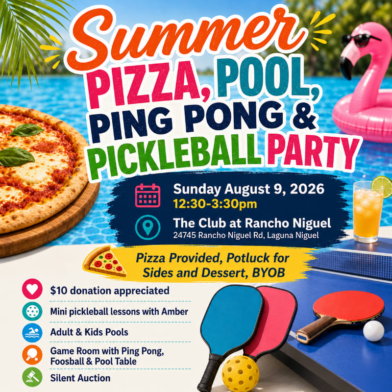 A vibrant flyer advertises a summer party with a pizza in the foreground and a pool with a flamingo float in the background.