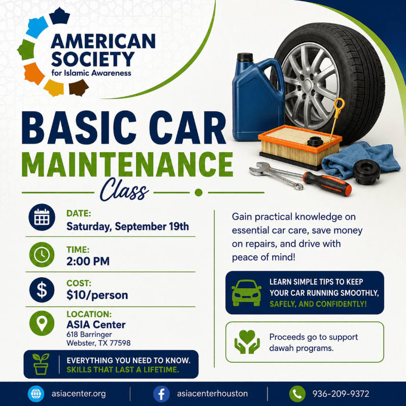 In the foreground, a flyer advertises a basic car maintenance class with details on date, time, cost, and location, while the background features car parts like a tire, oil, and air filter.