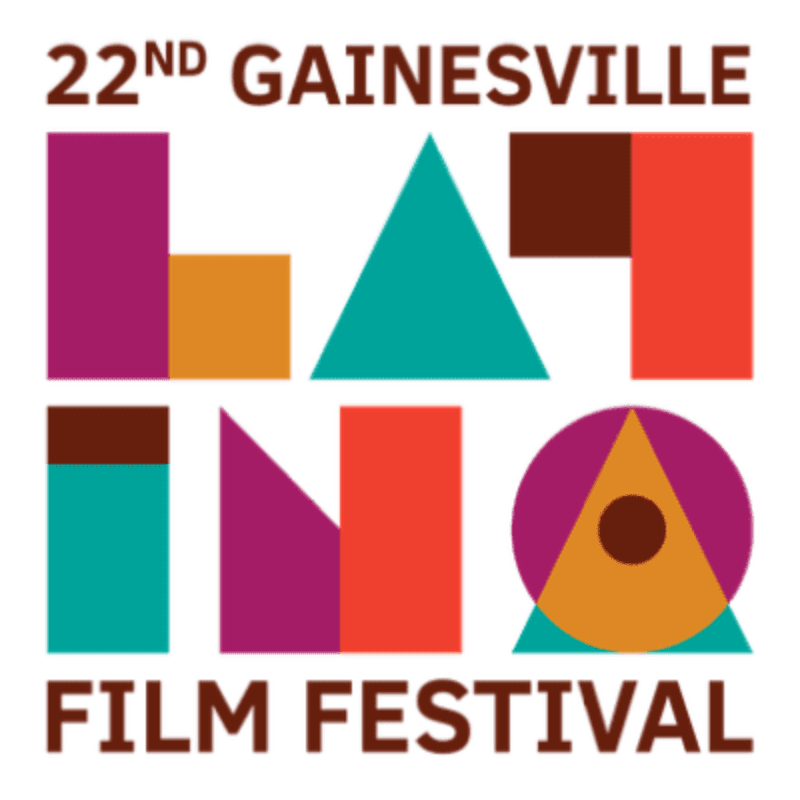 Colorful geometric shapes form the words "LATINO FILM FESTIVAL" in the foreground, with "22ND GAINESVILLE" text above and "FILM FESTIVAL" text below, all on a white background.