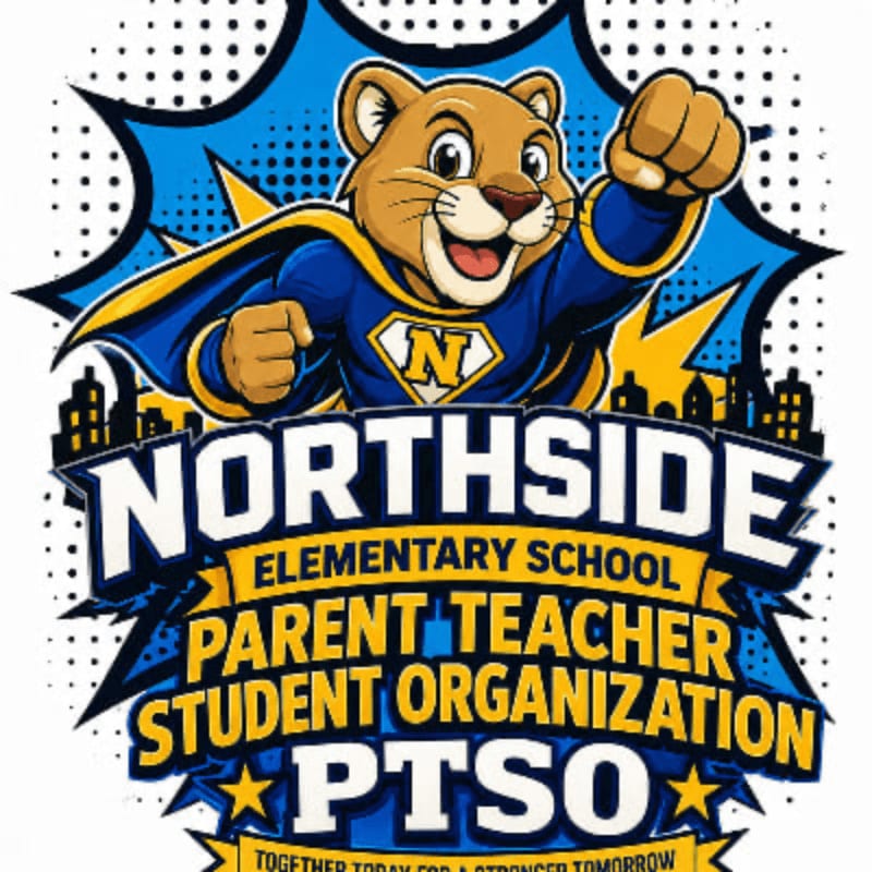 A superhero cougar in a blue and yellow cape soars above the "Northside Elementary School Parent Teacher Student Organization PTSO" text, with a cityscape silhouetted against a dotted background.