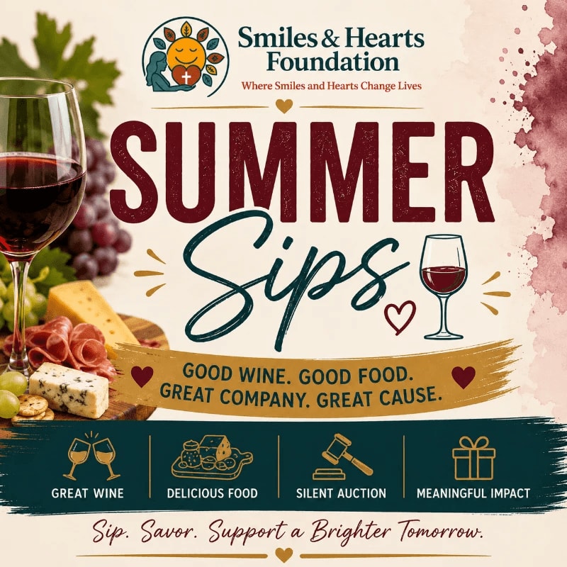 A glass of red wine and a cheese board are in the foreground, with the "Smiles & Hearts Foundation Summer Sips" event details and logo in the background.