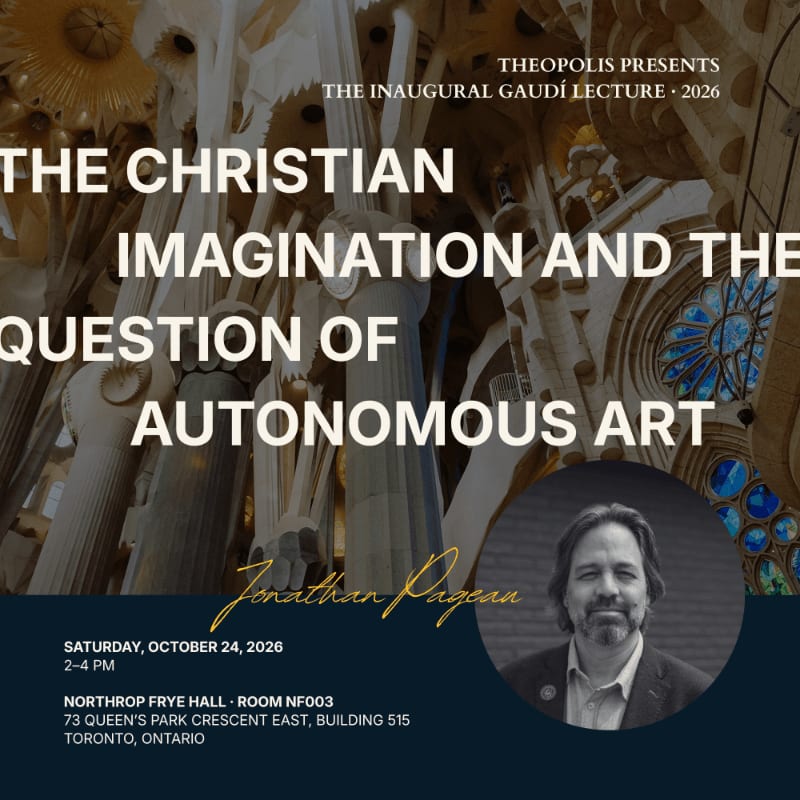 The foreground features text announcing a lecture by Jonathan Pagean, while the background displays the intricate architecture of a cathedral.