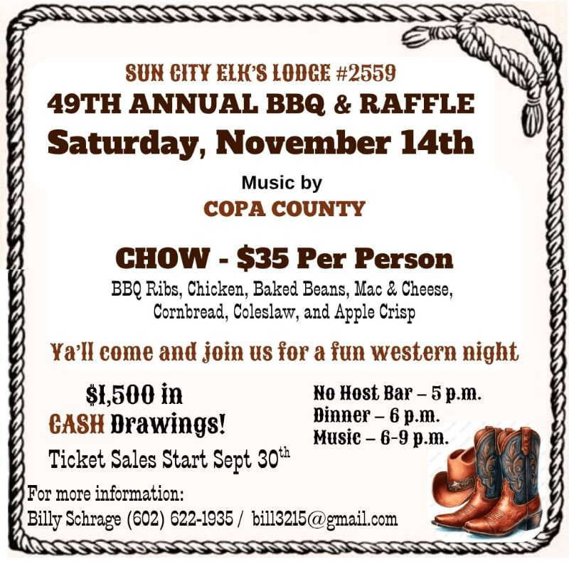 A western-themed flyer for the Sun City Elk's Lodge 49th Annual BBQ & Raffle on November 14th, featuring cowboy boots and a rope border, advertises a $35 per person meal and cash drawings.
