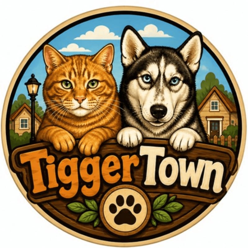 An orange tabby cat and a husky dog peek over a wooden sign that reads "TiggerTown," with houses and trees in the background under a blue sky.