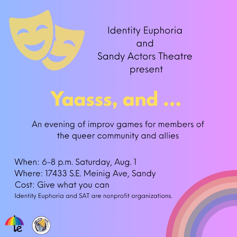 Yellow theater masks are in the upper left foreground against a gradient background of pink and purple, with a rainbow arching in the lower right corner.