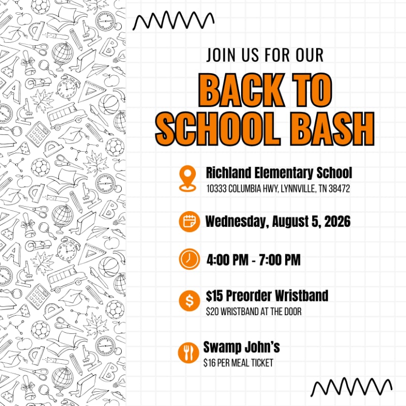 A colorful invitation for a "Back to School Bash" at Richland Elementary School is set against a background of school-themed doodles.