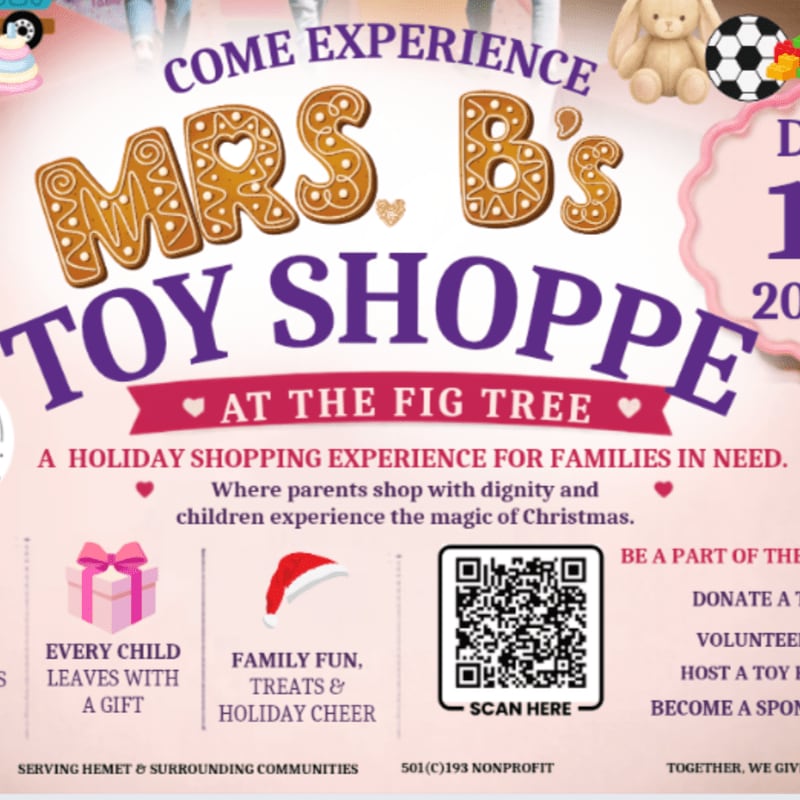 Gingerbread letters spell out "MRS. B's TOY SHOPPE" in the foreground, with festive holiday imagery and event details in the background.