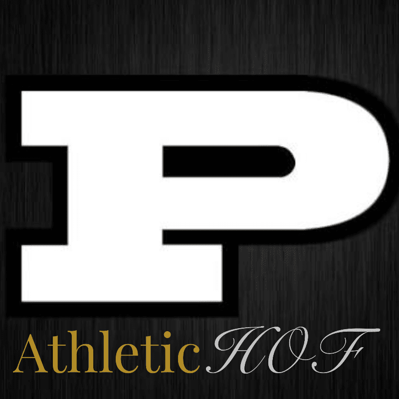 A large white "P" with a black outline is centered on a dark, textured background, with the words "Athletic HOF" in gold and white lettering below it.