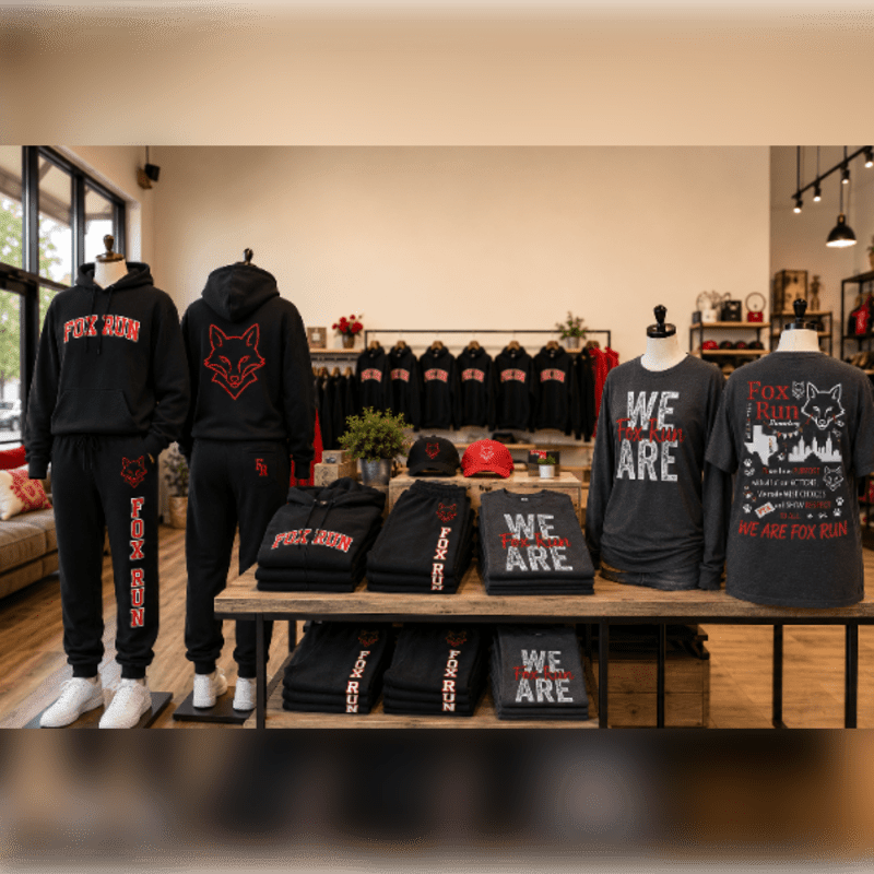 Mannequins in the foreground display black hoodies and sweatpants with red "Fox Run" logos, while the background shows a retail store with shelves stocked with more apparel and accessories.