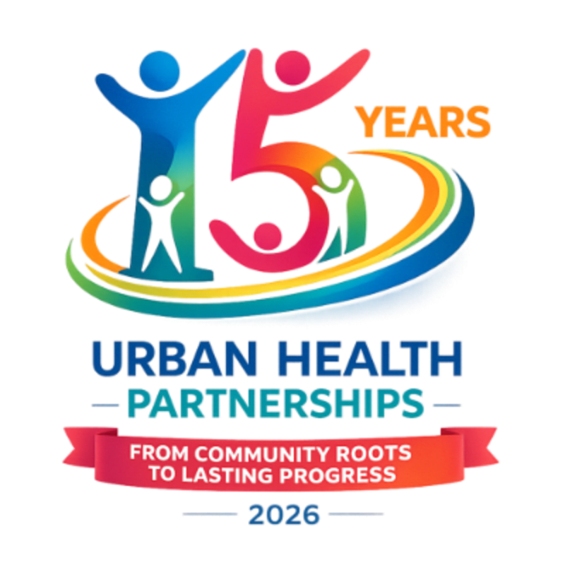 Colorful figures representing a family are superimposed on a large "15" with a rainbow arc, while the text "URBAN HEALTH PARTNERSHIPS" and a tagline appear below on a white background.