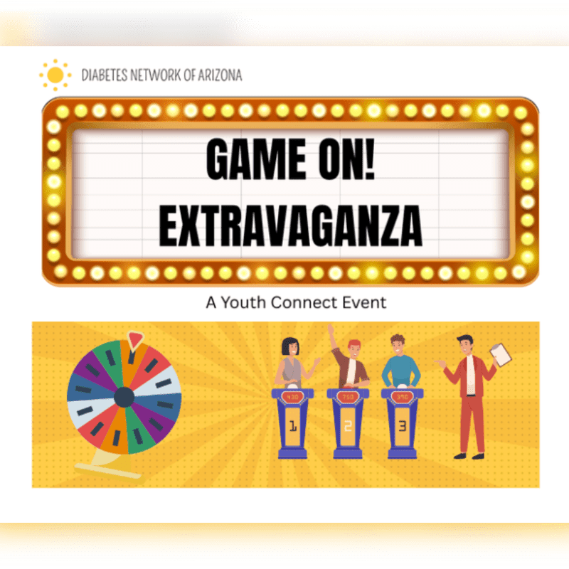 A colorful game show wheel and contestants stand on a stage in the foreground, beneath a marquee sign announcing "GAME ON! EXTRAVAGANZA" in the background.
