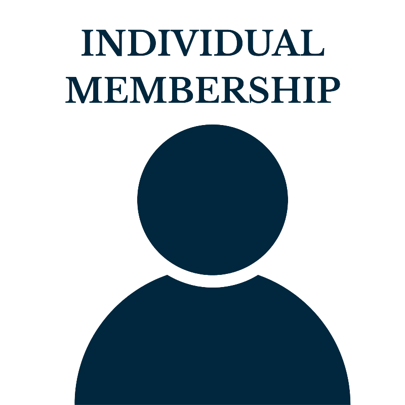 A dark blue silhouette of a person's head and shoulders is centered on a white background, with the words "INDIVIDUAL MEMBERSHIP" in dark blue text above it.