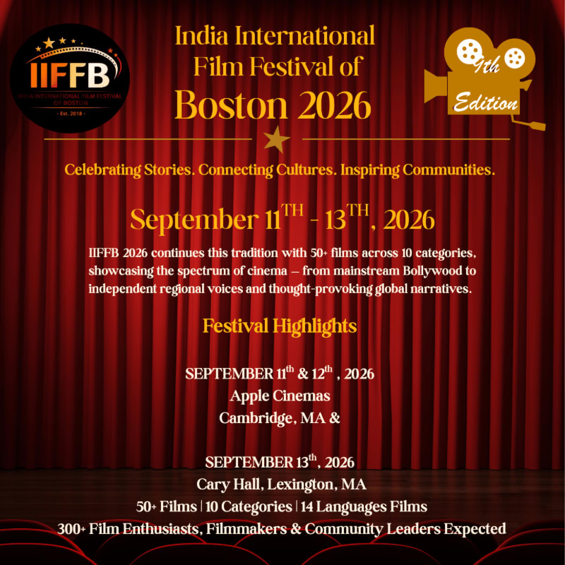 A red curtain backdrop frames the details of the India International Film Festival of Boston 2026, including dates, locations, and a description of the event.