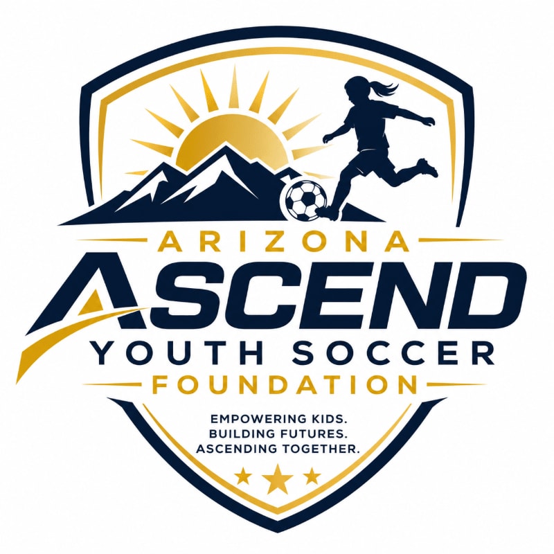A silhouette of a girl kicking a soccer ball is in the foreground, with mountains and a sun behind the "Arizona Ascend Youth Soccer Foundation" logo in the background.