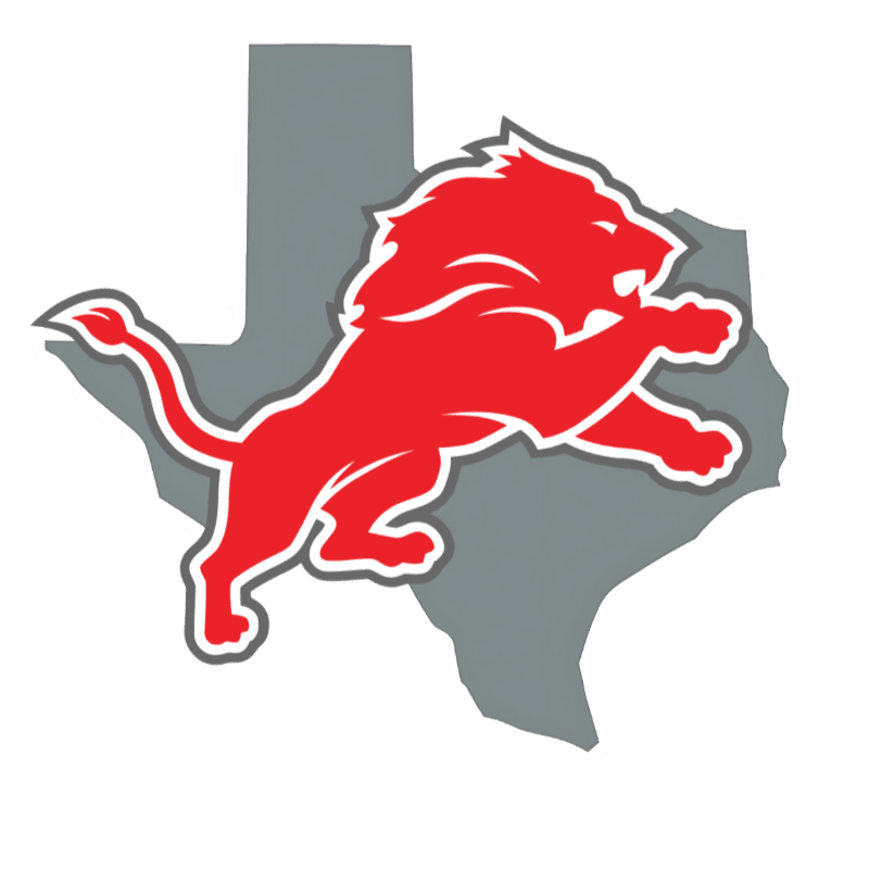 A red lion leaps across a gray outline of Texas.