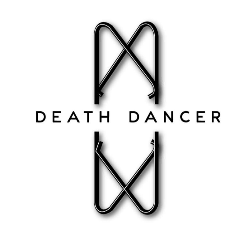 A black and white logo with the words "DEATH DANCER" centered between two mirrored abstract shapes on a white background.