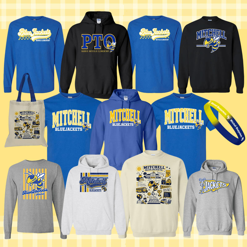 A collection of blue and yellow school spirit apparel, including t-shirts, hoodies, and a tote bag, is arranged on a yellow checkered background.