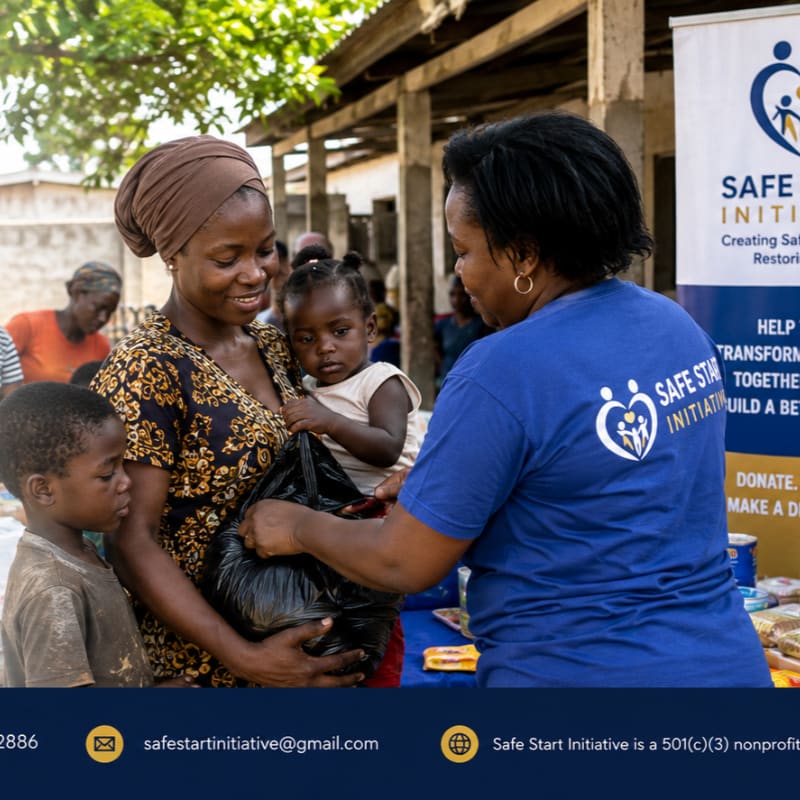 A woman in a blue t-shirt hands a bag to a mother holding a baby and a young boy, with a banner for "Safe Start Initiative" in the background.