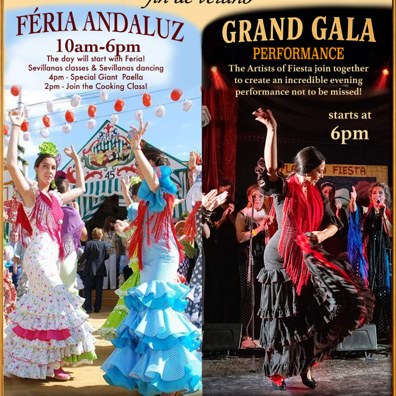 Two women in colorful flamenco dresses dance in the foreground, with a festive fairground and a stage performance in the background.