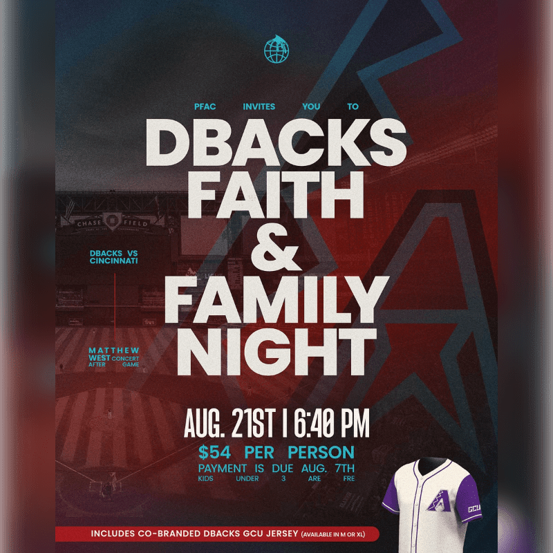 A baseball stadium with a large "Dbacks Faith & Family Night" advertisement in the foreground and a baseball jersey in the bottom right corner.