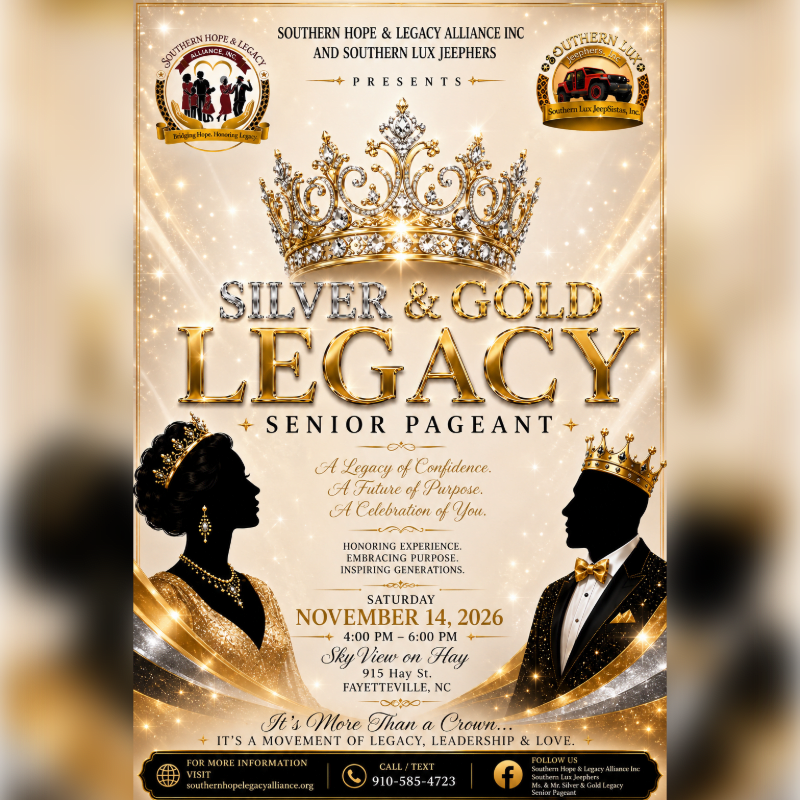 Silhouettes of a crowned queen and king stand against a glittering gold and silver background advertising the "Silver & Gold Legacy Senior Pageant."