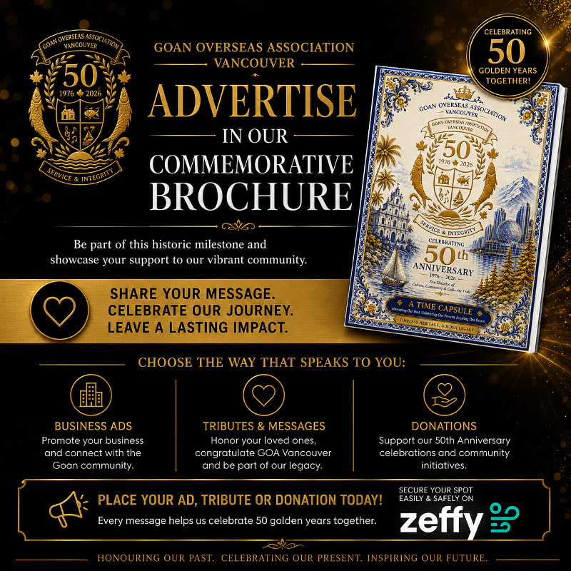 A commemorative brochure for the Goan Overseas Association's 50th anniversary is advertised with options for business ads, tributes, and donations, set against a dark background with golden accents.