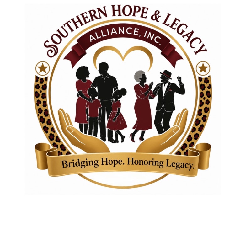 Two hands cradle a circular emblem featuring silhouettes of two families and the text "SOUTHERN HOPE & LEGACY ALLIANCE, INC." above a banner that reads "Bridging Hope. Honoring Legacy."
