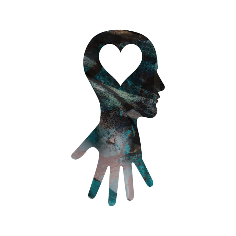 A silhouette of a head with a heart cutout and an open hand at the base, filled with a textured, abstract pattern against a white background.