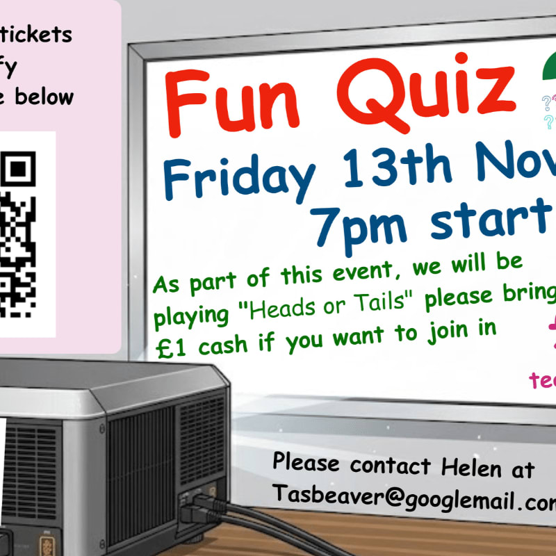 A black electronic device sits in the foreground with a whiteboard displaying "Fun Quiz" details in the background.