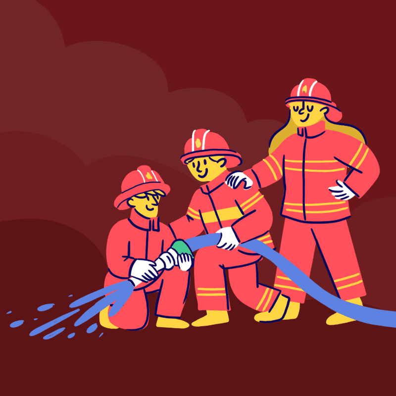 Three cartoon firefighters in red uniforms and helmets are working together, with two holding a hose spraying water in the foreground against a dark red, smoky background.