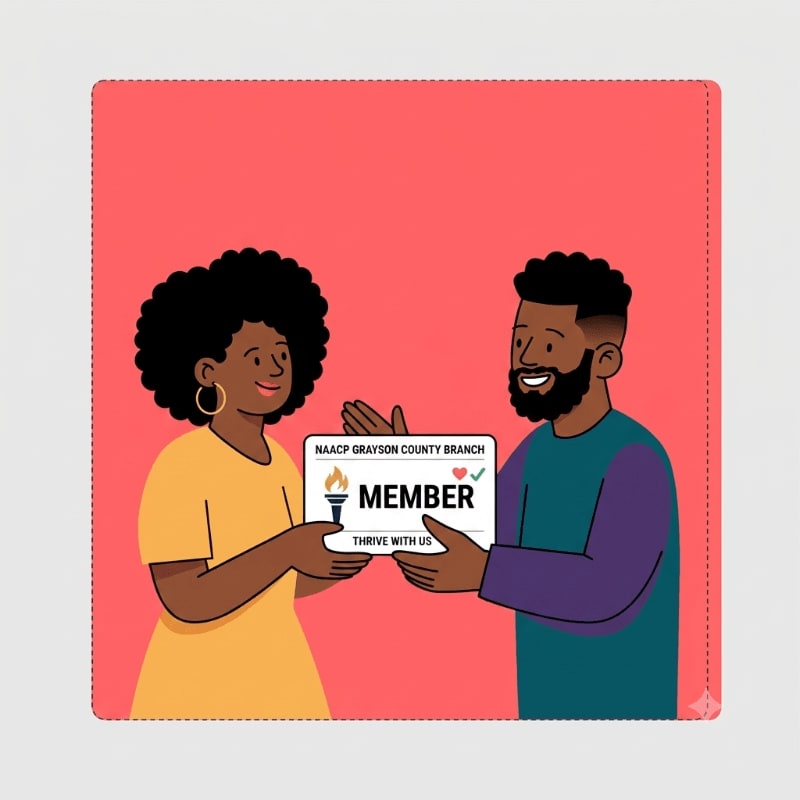 A woman in a yellow dress hands a membership card to a smiling man in a purple and teal shirt against a coral background.
