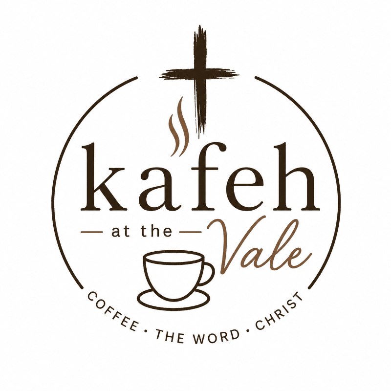 A circular logo with a cross at the top, a coffee cup in the center, and text reading "kafeh at the Vale" and "COFFEE. THE WORD. CHRIST." against a white background.