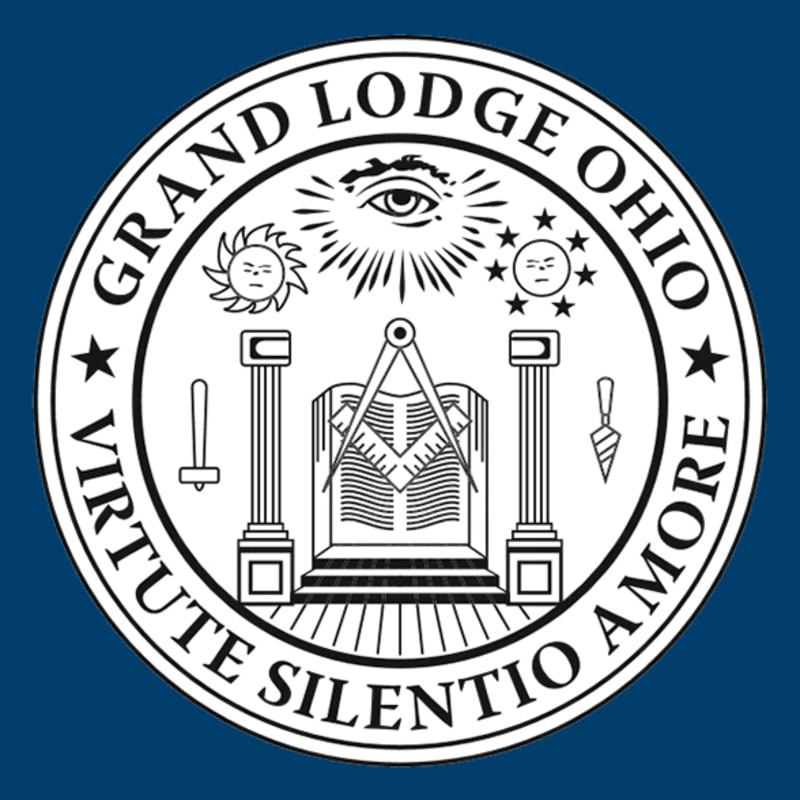A circular emblem with Masonic symbols, including an all-seeing eye, compasses, square, and pillars, is set against a solid blue background.