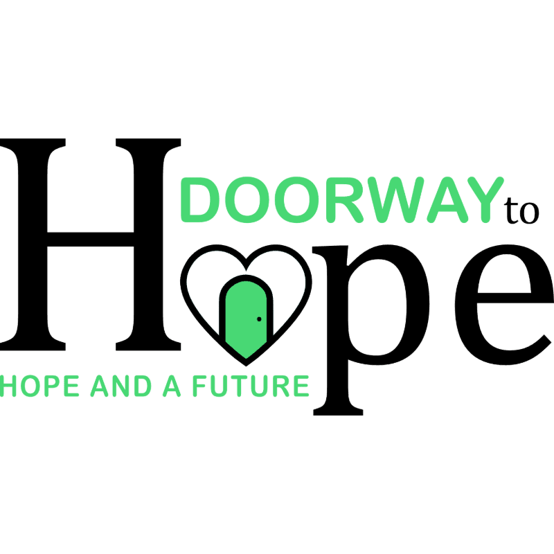 A white background frames the black text "Hope" with a green heart-shaped doorway in the "o", and the words "DOORWAY to" in green above it, with "HOPE AND A FUTURE" in green below.