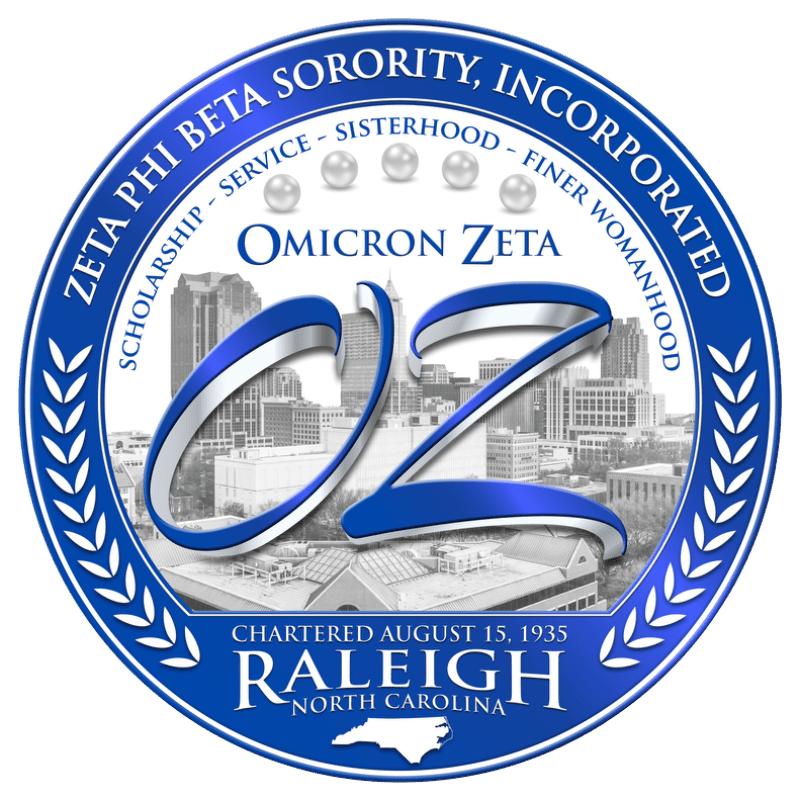 In the foreground, the letters "OZ" in blue and white ribbon are superimposed over a cityscape, while the background features a circular emblem with sorority details and a map of North Carolina.