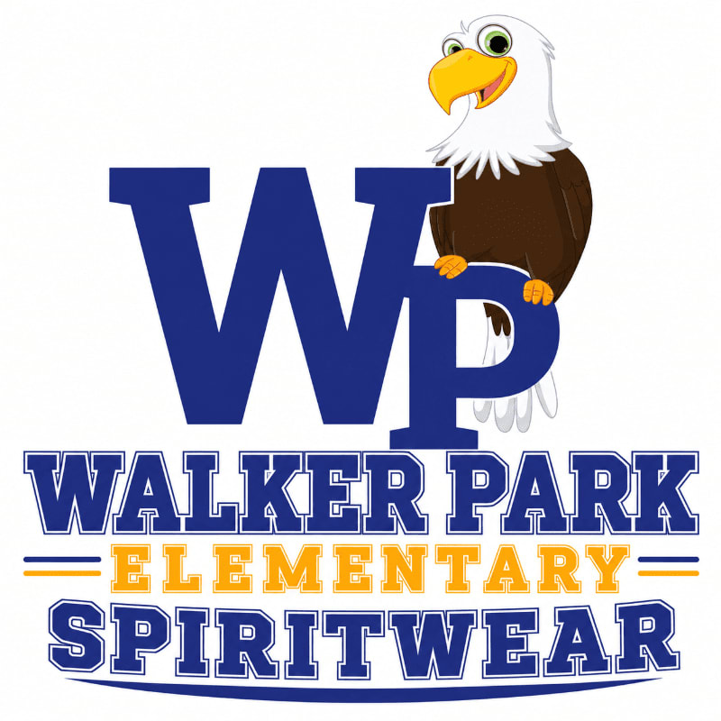 A cartoon eagle perches on large blue letters "WP" in the foreground, with "WALKER PARK ELEMENTARY SPIRITWEAR" written below in blue and yellow text against a white background.
