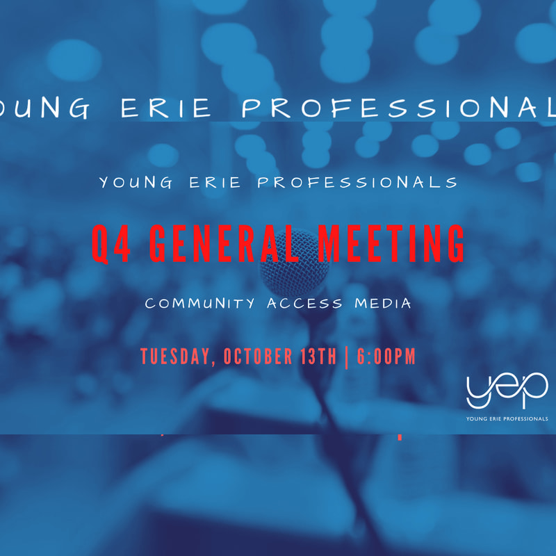 A microphone stands in the foreground against a blurred background of lights, advertising a "Q4 General Meeting" for "Young Erie Professionals" on Tuesday, October 13th at 6:00 PM.