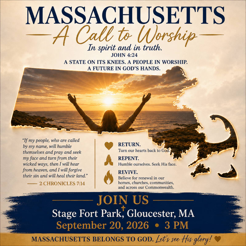 A silhouette of a person with arms raised in worship stands before a sunset over the ocean, superimposed on a map of Massachusetts, with event details below.