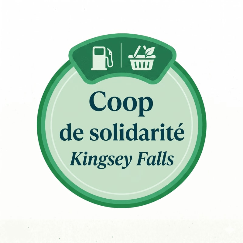 A green circular logo with a white background features icons of a gas pump and a shopping basket at the top, with the text "Coop de solidarité Kingsey Falls" in the center.