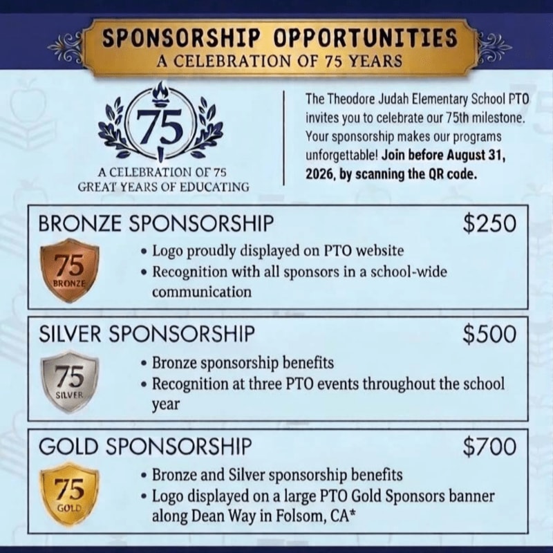 A flyer details sponsorship opportunities for Theodore Judah Elementary School's 75th anniversary, with different tiers of benefits and costs listed against a dark blue background with subtle school-related graphics.