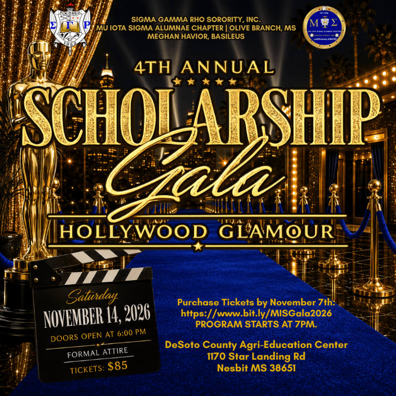 A blue carpet leads to a stage with a golden Oscar statue and a clapperboard in the foreground, set against a backdrop of glittering gold curtains and Hollywood-themed lights for a scholarship gala.