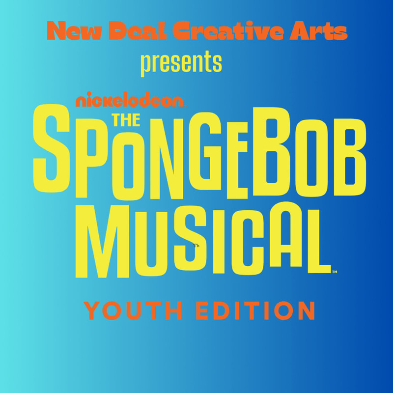 Bright yellow text announcing "The SpongeBob Musical Youth Edition" is centered on a gradient blue background.