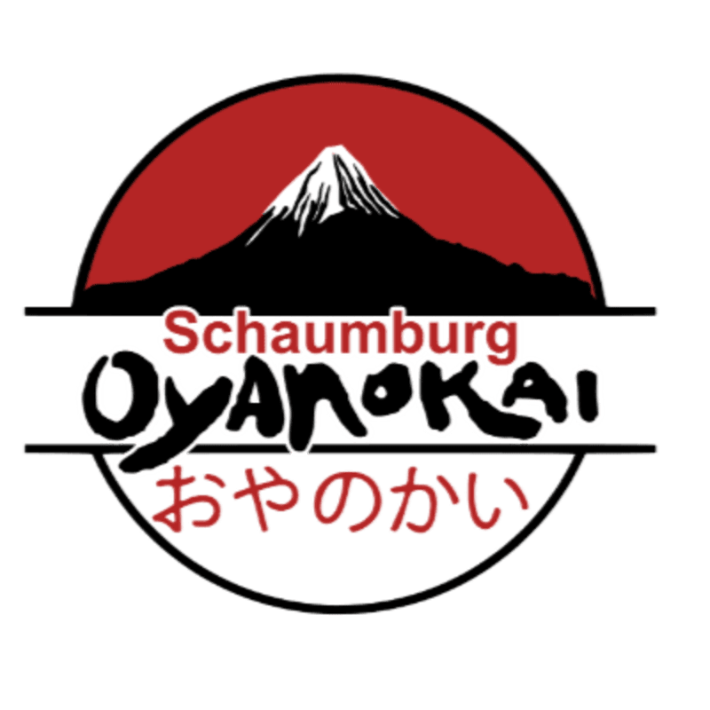 A stylized logo features a snow-capped mountain against a red circle in the background, with the text "Schaumburg Oyanokai" and Japanese characters in the foreground.