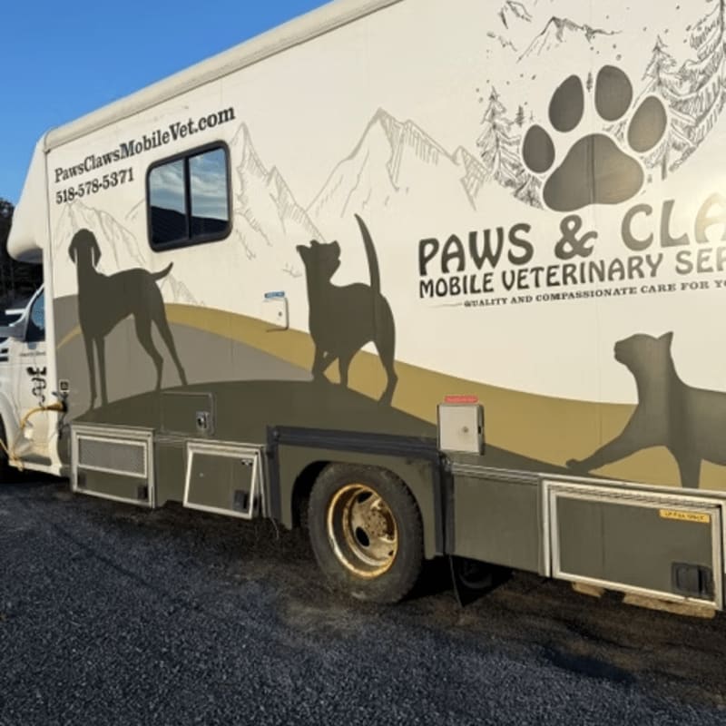 A mobile veterinary truck with animal silhouettes on its side is parked on a gravel surface with a mountainous landscape in the background.